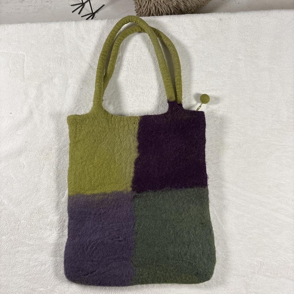 Rising Tide Nepal Wool Felt Tote Bag Handmade Green Purple Colorblock Shoulder